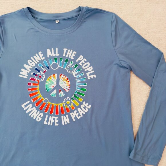 Imagine Peace Long Sleeve Top Size L Teal Blue Retro Musiccore Retro Style - Picture 10 of 13